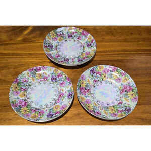 Vintage Japanese Lusterware Floral Saucers Set of 3 Iridescent Porcelain